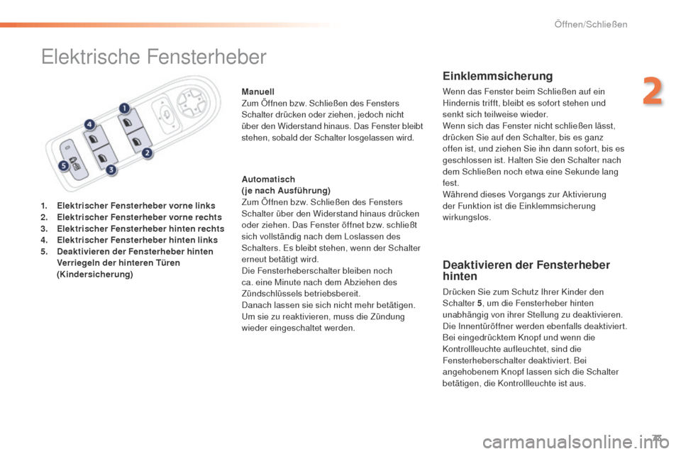 Peugeot 508 RXH 2016 Betriebsanleitung (in German) 73
508_de_Chap02_ouvertures_ed01-2016
elektrische Fensterheber
1. Elektrischer Fensterheber vorne links
2. E lektrischer Fensterheber vorne rechts
3.
E
lektrischer Fensterheber hinten rechts
4.
E
Peugeot 508 RXH 2016 Betriebsanleitung (in German) 73
508_de_Chap02_ouvertures_ed01-2016
elektrische Fensterheber
1. Elektrischer Fensterheber vorne links
2. E lektrischer Fensterheber vorne rechts
3.
E
lektrischer Fensterheber hinten rechts
4.
E