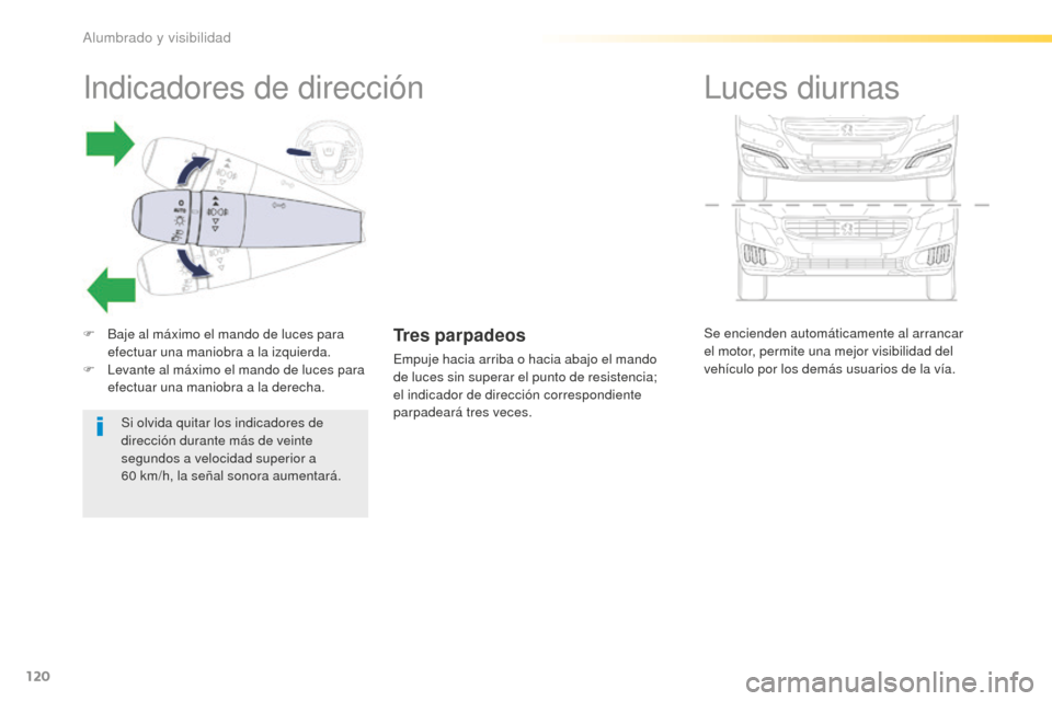 Peugeot 508 RXH 2016  Manual del propietario (in Spanish) 120
508_es_Chap04_eclairage-et-visibilite_ed01-2016
Se encienden automáticamente al arrancar 
el motor, permite una mejor visibilidad del 
vehículo por los demás usuarios de la vía.
Luces diurnas
