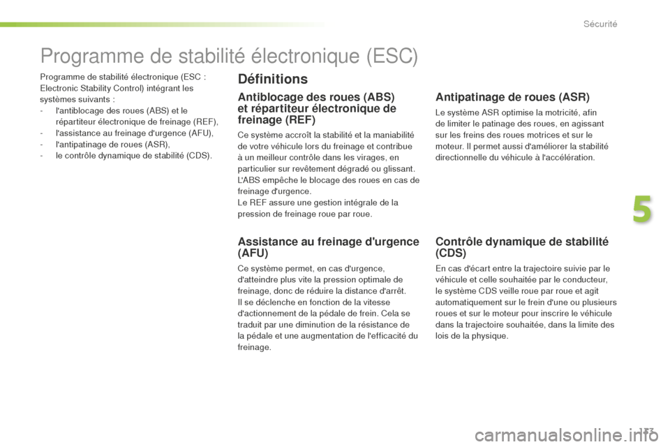 Peugeot 508 RXH 2016  Manuel du propriétaire (in French) 133
Programme de stabilité électronique (ESC : 
E lectronic Stability Control) intégrant les 
systèmes suivants :
-
 
l
 antiblocage des roues (ABS) et le 
répartiteur électronique de freinage 