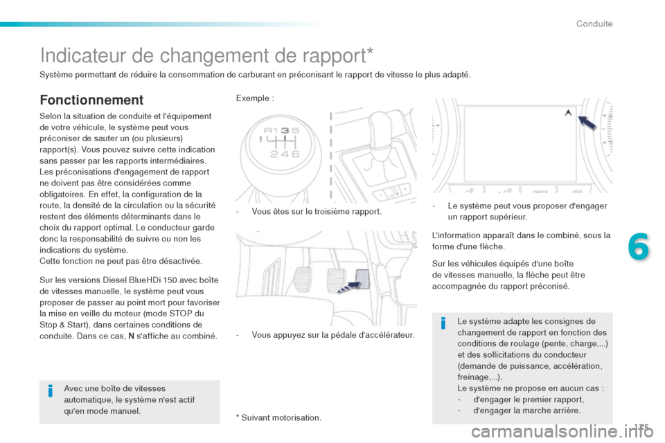 Peugeot 508 RXH 2016 Manuel du propriétaire (in French) 175
Indicateur de changement de rapport*
Fonctionnement
Selon la situation de conduite et léquipement
de votre véhicule, le système peut vous
préconiser de sauter un (ou plusieurs)
rapport(s). Peugeot 508 RXH 2016 Manuel du propriétaire (in French) 175
Indicateur de changement de rapport*
Fonctionnement
Selon la situation de conduite et léquipement
de votre véhicule, le système peut vous
préconiser de sauter un (ou plusieurs)
rapport(s).
