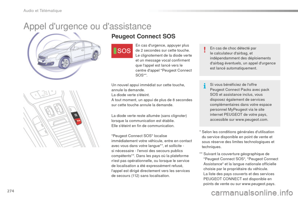 Peugeot 508 RXH 2016 Manuel du propriétaire (in French) 274
Appel durgence ou dassistance
En cas de choc détecté par
le calculateur dairbag, et
indépendamment des déploiements
dairbag éventuels, un appel durgence
est lancé automatiquement.
P Peugeot 508 RXH 2016 Manuel du propriétaire (in French) 274
Appel durgence ou dassistance
En cas de choc détecté par
le calculateur dairbag, et
indépendamment des déploiements
dairbag éventuels, un appel durgence
est lancé automatiquement.
P