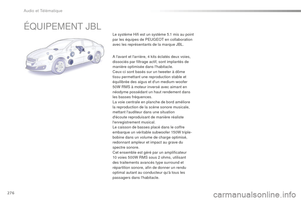 Peugeot 508 RXH 2016 Manuel du propriétaire (in French) 276
ÉQUIPEMENT JBL
Le système Hifi est un système 5.1 mis au point
par les équipes de PEUGEOT en collaboration
avec les représentants de la marque JBL.
A lavant et larrière, 4 kits éclatés Peugeot 508 RXH 2016 Manuel du propriétaire (in French) 276
ÉQUIPEMENT JBL
Le système Hifi est un système 5.1 mis au point
par les équipes de PEUGEOT en collaboration
avec les représentants de la marque JBL.
A lavant et larrière, 4 kits éclatés