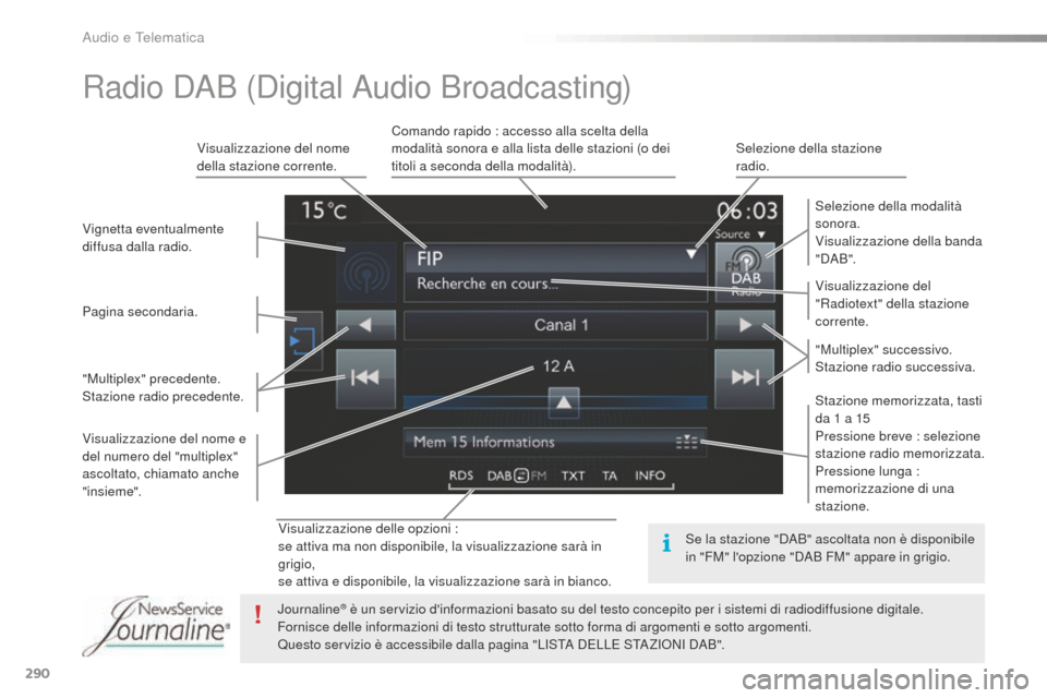 Peugeot 508 RXH 2016  Manuale del proprietario (in Italian) 290
508_it_Chap10c_SMEGplus_ed01-2016
Visualizzazione delle opzioni :
se attiva ma non disponibile, la visualizzazione sarà in 
grigio,
se attiva e disponibile, la visualizzazione sarà in bianco.Vis