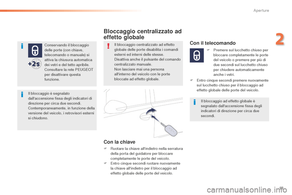 Peugeot 508 RXH 2016  Manuale del proprietario (in Italian) 51
508_it_Chap02_ouvertures_ed01-2016
Conservando il bloccaggio 
delle porte (con chiave, 
telecomando o manuale) si 
attiva la chiusura automatica 
dei vetri e del tetto apribile.
Consultare la rete 