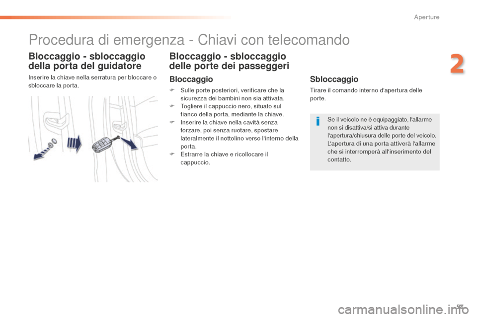 Peugeot 508 RXH 2016  Manuale del proprietario (in Italian) 53
508_it_Chap02_ouvertures_ed01-2016
Procedura di emergenza - Chiavi con telecomando
Bloccaggio - sbloccaggio 
della porta del guidatore
Inserire la chiave nella serratura per bloccare o 
sbloccare l