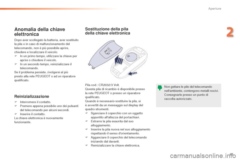 Peugeot 508 RXH 2016  Manuale del proprietario (in Italian) 63
508_it_Chap02_ouvertures_ed01-2016
Non gettare le pile del telecomando 
nellambiente, contengono metalli nocivi.
Consegnarle presso un punto di 
raccolta autorizzato.
Sostituzione della pila 
dell