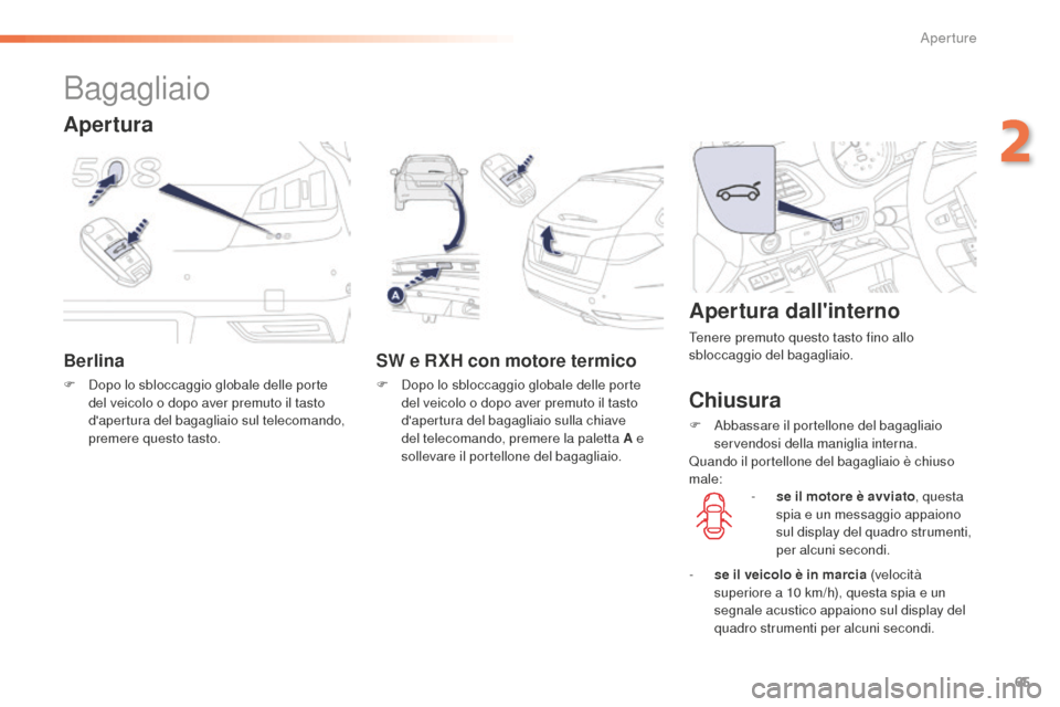 Peugeot 508 RXH 2016  Manuale del proprietario (in Italian) 65
508_it_Chap02_ouvertures_ed01-2016
Bagagliaio
Berlina
F Dopo lo sbloccaggio globale delle porte 
del veicolo o dopo aver premuto il tasto 
dapertura del bagagliaio sul telecomando, 
premere questo