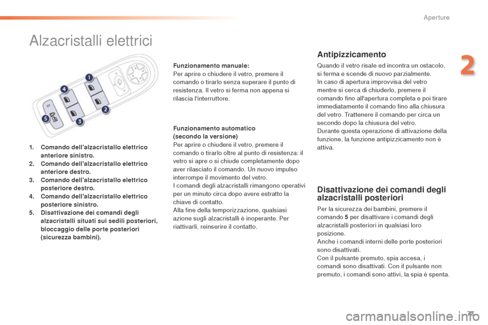 Peugeot 508 RXH 2016  Manuale del proprietario (in Italian) 73
508_it_Chap02_ouvertures_ed01-2016
Alzacristalli elettrici
1. Comando dellalzacristallo elettrico 
anteriore sinistro.
2.
 Co

mando dellalzacristallo elettrico 
anteriore destro.
3.
 Co

mando d