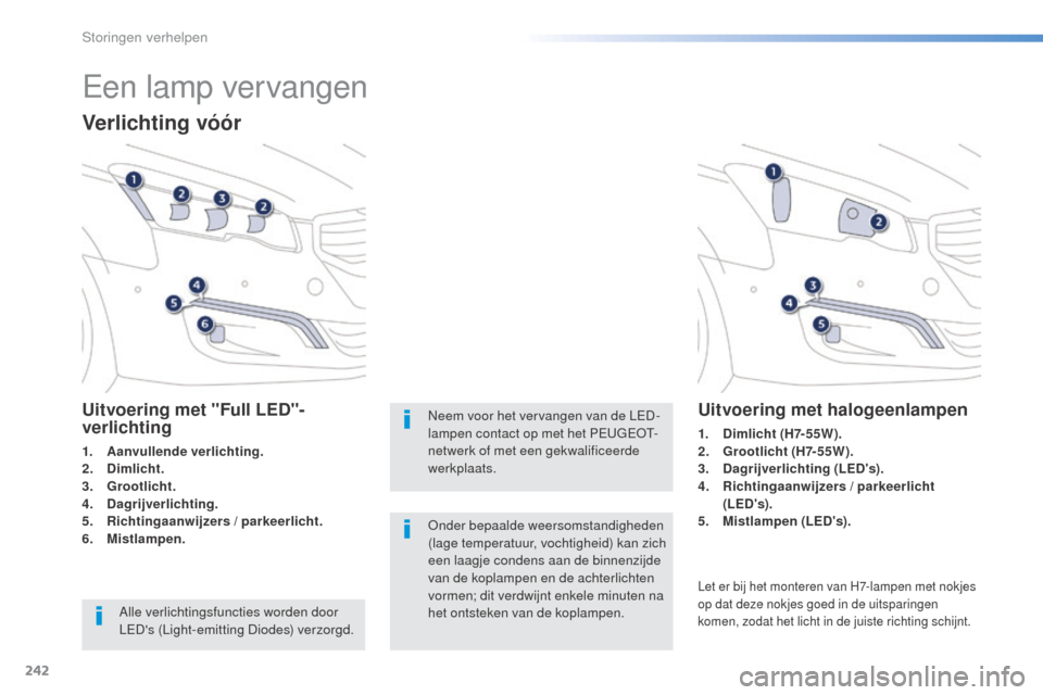 Peugeot 508 RXH 2016  Handleiding (in Dutch) 242
508_nl_Chap08_en-cas-de-pannes_ed01-2016
Een lamp vervangen
Verlichting vóór
Uitvoering met "Full LED"-
verlichting
1. Aanvullende verlichting.
2. Dimlicht.
3.
 G

rootlicht.
4.
 D

agrijverlich