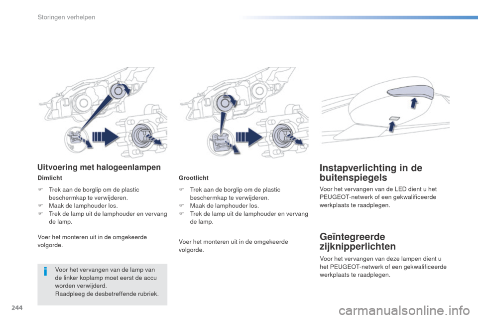 Peugeot 508 RXH 2016  Handleiding (in Dutch) 244
508_nl_Chap08_en-cas-de-pannes_ed01-2016
Grootlicht
F 
T
 rek aan de borglip om de plastic 
beschermkap te verwijderen.
F
 
M
 aak de lamphouder los.
F
 
T
 rek de lamp uit de lamphouder en vervan