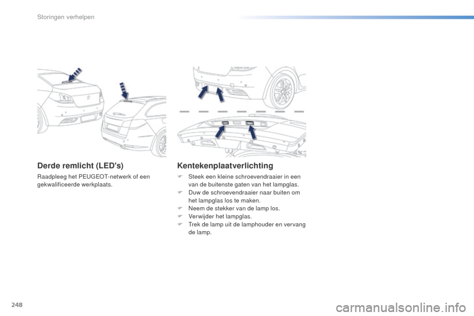 Peugeot 508 RXH 2016  Handleiding (in Dutch) 248
508_nl_Chap08_en-cas-de-pannes_ed01-2016
Derde remlicht (LEDs)
Raadpleeg het PEUGEOT-netwerk of een 
gekwalificeerde werkplaats.
Kentekenplaatverlichting
F Steek een kleine schroevendraaier in ee