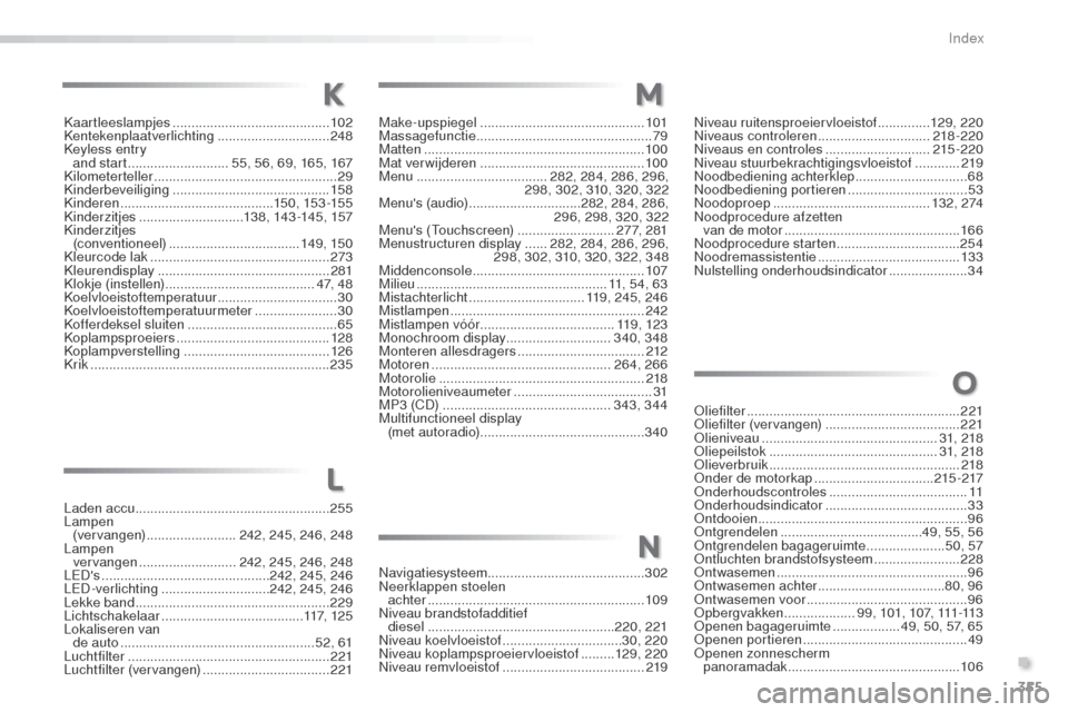 Peugeot 508 RXH 2016  Handleiding (in Dutch) 355
508_nl_Chap11_index-alpha_ed01-2016
Laden accu.................................................... 255
Lampen   (vervangen)
 

........................ 242, 245, 246, 248
Lampen   vervangen
 .....