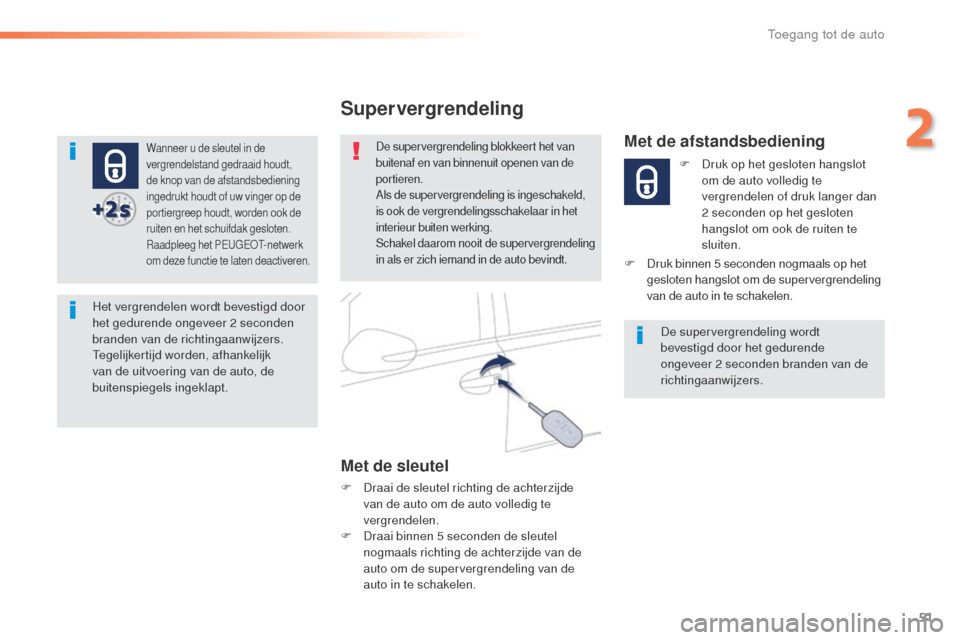 Peugeot 508 RXH 2016  Handleiding (in Dutch) 51
508_nl_Chap02_ouvertures_ed01-2016
Wanneer u de sleutel in de 
vergrendelstand gedraaid houdt, 
de knop van de afstandsbediening 
ingedrukt houdt of uw vinger op de 
portiergreep houdt, worden ook 