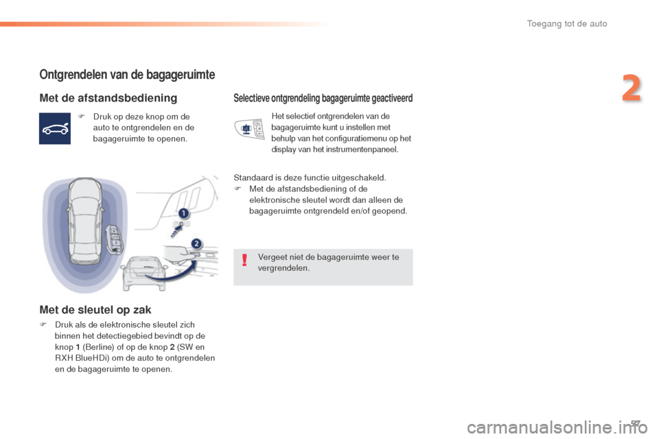 Peugeot 508 RXH 2016  Handleiding (in Dutch) 57
508_nl_Chap02_ouvertures_ed01-2016
Ontgrendelen van de bagageruimte
Met de afstandsbediening
F Druk op deze knop om de auto te ontgrendelen en de 
bagageruimte te openen.
Met de sleutel op zak
F Dr