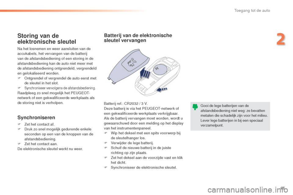 Peugeot 508 RXH 2016  Handleiding (in Dutch) 63
508_nl_Chap02_ouvertures_ed01-2016
Gooi de lege batterijen van de 
afstandsbediening niet weg: ze bevatten 
metalen die schadelijk zijn voor het milieu.
Lever lege batterijen in bij een speciaal 
v