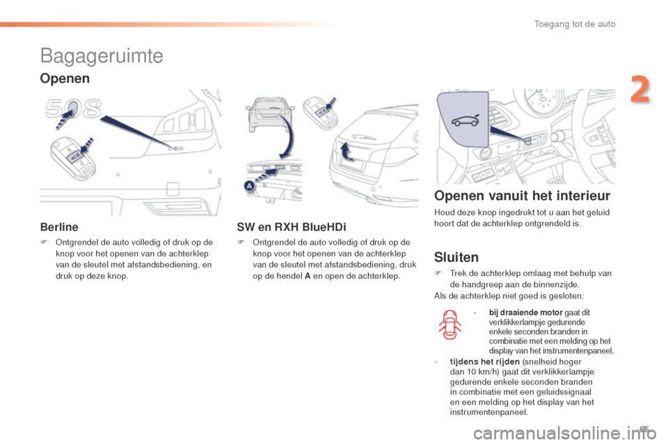 Peugeot 508 RXH 2016  Handleiding (in Dutch) 65
508_nl_Chap02_ouvertures_ed01-2016
Bagageruimte
Berline
F Ontgrendel de auto volledig of druk op de knop voor het openen van de achterklep 
van de sleutel met afstandsbediening, en 
druk op deze kn