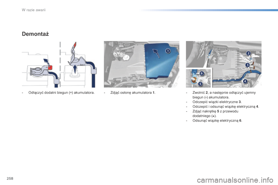 Peugeot 508 RXH 2016  Instrukcja Obsługi (in Polish) 258
508_pl_Chap08_en-cas-de-pannes_ed01-2016
Demontaż
- Odłączyć dodatni biegun (+) akumulatora. - Z djąć osłonę akumulatora 1.-  Z wolnić 2, a następnie odłączyć ujemny 
biegun ( -) akum