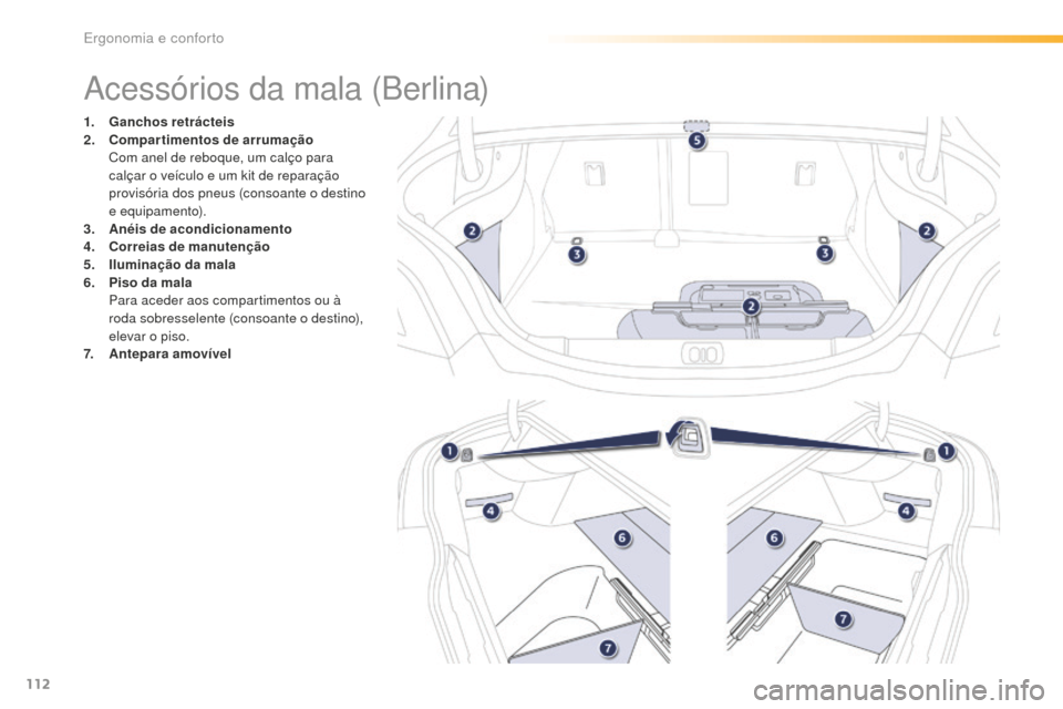 Peugeot 508 RXH 2016  Manual do proprietário (in Portuguese) 112
508_pt_Chap03_ergonomie-et-confort_ed01-2016
Acessórios da mala (Berlina)
1. Ganchos retrácteis
2. Compartimentos de arrumação
 C

om anel de reboque, um calço para 
calçar o veículo e um k