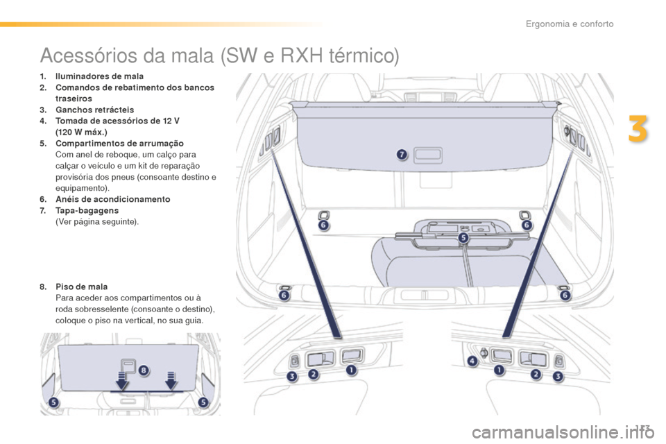 Peugeot 508 RXH 2016  Manual do proprietário (in Portuguese) 113
508_pt_Chap03_ergonomie-et-confort_ed01-2016
Acessórios da mala (SW e RXH térmico)
1. Iluminadores de mala
2. Comandos de rebatimento dos bancos 
traseiros
3.
 G

anchos retrácteis
4.
 T

omada