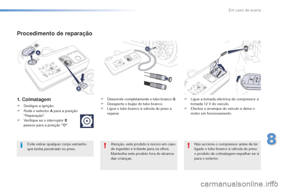 Peugeot 508 RXH 2016  Manual do proprietário (in Portuguese) 231
508_pt_Chap08_en-cas-de-pannes_ed01-2016
Procedimento de reparação
1. ColmatagemF Desenrole completamente o tubo branco G.
F  D esaperte o bujão do tubo branco.
F
 
L
 igue o tubo branco à vá