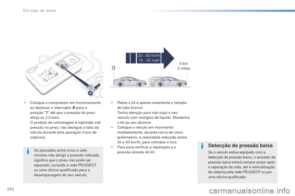 Peugeot 508 RXH 2016  Manual do proprietário (in Portuguese) 232
508_pt_Chap08_en-cas-de-pannes_ed01-2016
Se passados entre cinco e sete 
minutos não atingir a pressão indicada, 
significa que o pneu não pode ser 
reparado; consulte a rede PEUGEOT 
ou uma of
