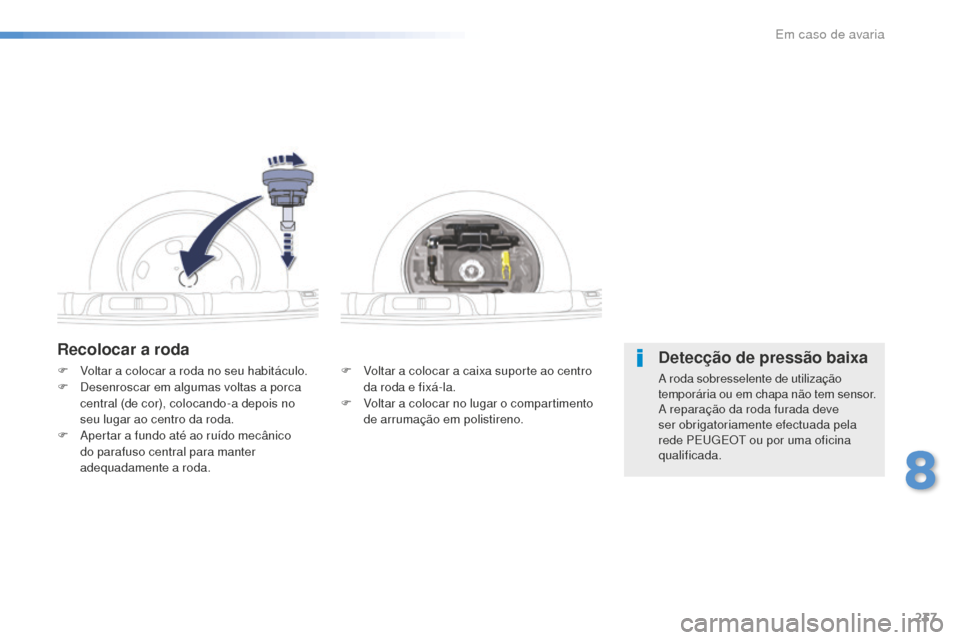 Peugeot 508 RXH 2016  Manual do proprietário (in Portuguese) 237
508_pt_Chap08_en-cas-de-pannes_ed01-2016
Recolocar a roda
F Voltar a colocar a caixa suporte ao centro da roda e fixá-la.
F
 
V
 oltar a colocar no lugar o compartimento 
de arrumação em polist