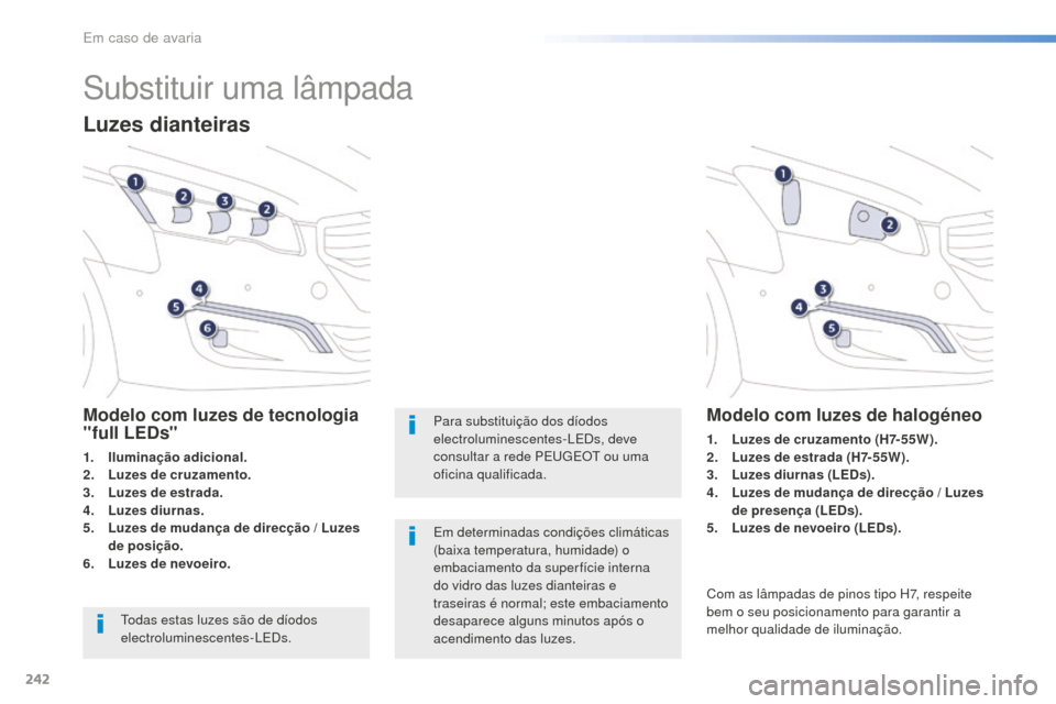 Peugeot 508 RXH 2016  Manual do proprietário (in Portuguese) 242
508_pt_Chap08_en-cas-de-pannes_ed01-2016
Substituir uma lâmpada
Luzes dianteiras
Modelo com luzes de tecnologia 
"full LEDs"
1. Iluminação adicional.
2. L uzes de cruzamento .
3.
 L

uzes de es