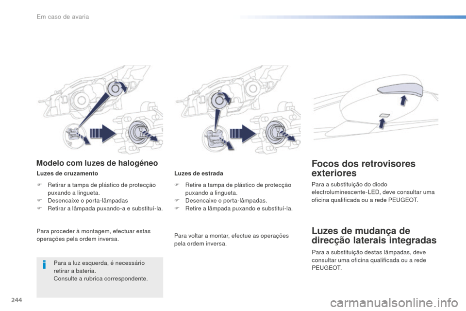 Peugeot 508 RXH 2016  Manual do proprietário (in Portuguese) 244
508_pt_Chap08_en-cas-de-pannes_ed01-2016
Luzes de estrada
F 
R
 etire a tampa de plástico de protecção 
puxando a lingueta.
F
 
D
 esencaixe o porta-lâmpadas.
F
 
R
 etire a lâmpada puxando e
