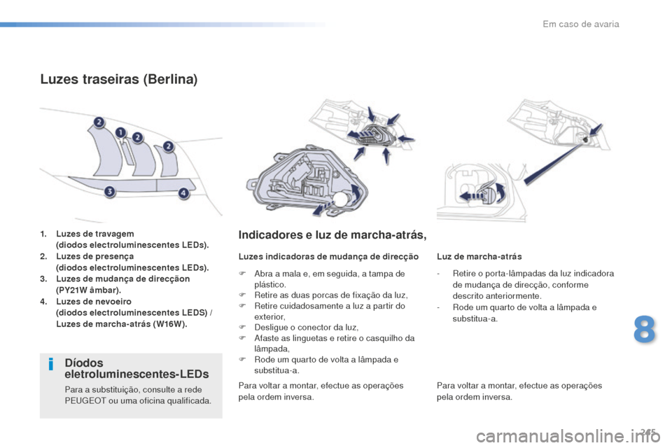 Peugeot 508 RXH 2016  Manual do proprietário (in Portuguese) 245
508_pt_Chap08_en-cas-de-pannes_ed01-2016
1. Luzes de travagem (diodos electroluminescentes LEDs).
2.
 L

uzes de presença
 (

diodos electroluminescentes LEDs).
3.
 L

uzes de mudança de direcç