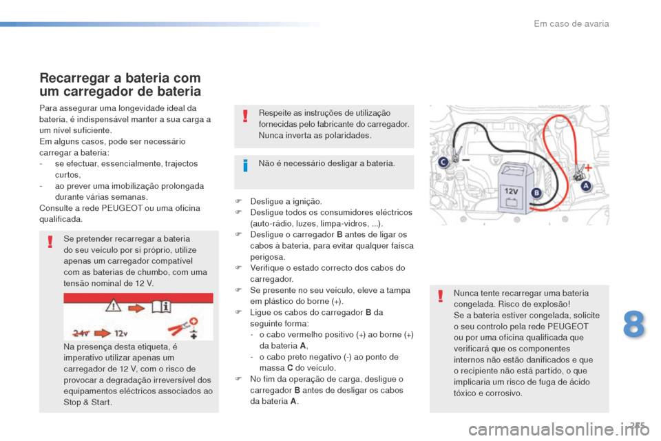 Peugeot 508 RXH 2016  Manual do proprietário (in Portuguese) 255
508_pt_Chap08_en-cas-de-pannes_ed01-2016
Respeite as instruções de utilização 
fornecidas pelo fabricante do carregador.
Nunca inverta as polaridades.
Para assegurar uma longevidade ideal da 
