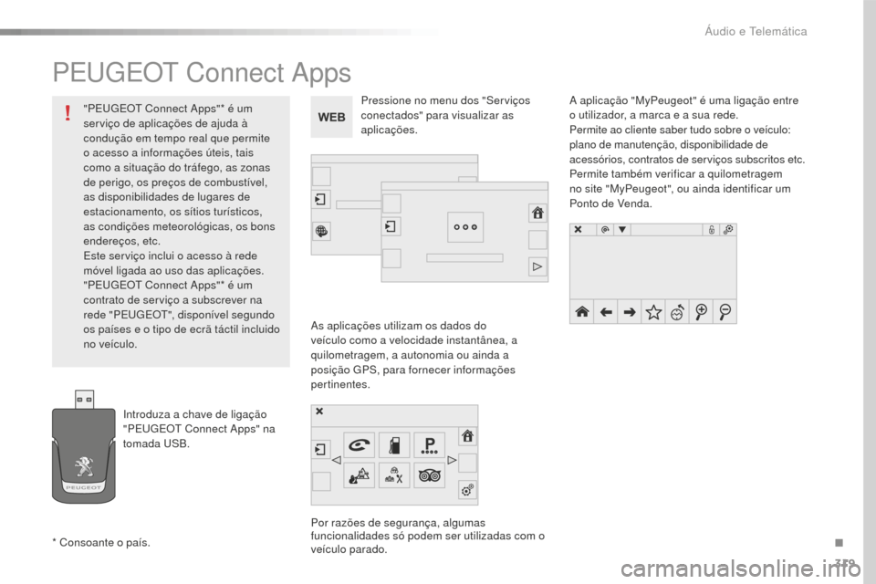 Peugeot 508 RXH 2016  Manual do proprietário (in Portuguese) 319
508_pt_Chap10c_SMEGplus_ed01-2016
PEUGEOT Connect Apps
As aplicações utilizam os dados do 
veículo como a velocidade instantânea, a 
quilometragem, a autonomia ou ainda a 
posição GPS, para 