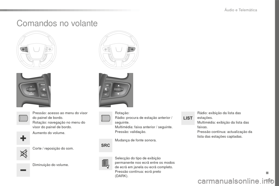 Peugeot 508 RXH 2016  Manual do proprietário (in Portuguese) 339
508_pt_Chap10d_RD5_ed01-2016
Comandos no volante
Pressão: acesso ao menu do visor 
do painel de bordo.
Rotação: navegação no menu do 
visor do painel de bordo.Mudança de fonte sonora.
Selec