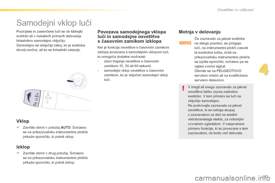 Peugeot 508 RXH 2016  Priročnik za lastnika (in Slovenian) 121
508_sl_Chap04_eclairage-et-visibilite_ed01-2016
V megli ali snegu zaznavalo za jakost 
osvetlitve lahko zazna zadostno 
svetlobo. V tem primeru se luči ne 
vključijo samodejno.
Ne prekrivajte za