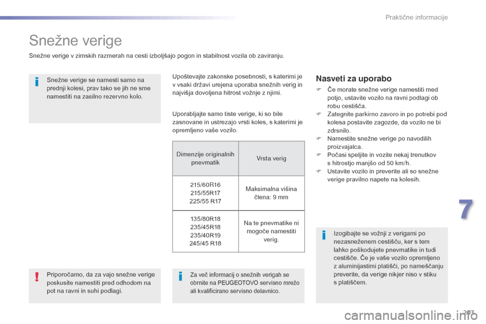 Peugeot 508 RXH 2016  Priročnik za lastnika (in Slovenian) 203
508_sl_Chap07_info-pratiques_ed01-2016
Snežne verige
Snežne verige v zimskih razmerah na cesti izboljšajo pogon in stabilnost vozila ob zaviranju.Snežne verige se namesti samo na 
prednji kole