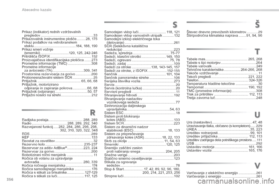 Peugeot 508 RXH 2016  Priročnik za lastnika (in Slovenian) 356
508_sl_Chap11_index-alpha_ed01-2016
Prikaz (indikator) rednih vzdrževalnih pregledov ...................................................... 33
P
rikazovalnik instrumentne plošče
 
 .........28,