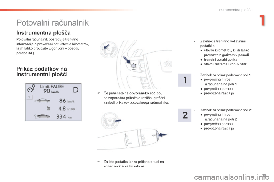 Peugeot 508 RXH 2016  Priročnik za lastnika (in Slovenian) 39
508 _sl_Chap01_instrument-bord_ed01-2016
Instrumentna plošča
Potovalni računalnik posreduje trenutne 
informacije o prevoženi poti (število kilometrov, 
ki jih lahko prevozite z gorivom v poso