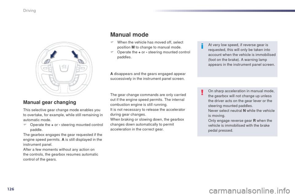 Peugeot 508 RXH 2014 Owners Manual 126
508RXH_en_Chap04_conduite_ed01-2014
Manual gear changing
F When the vehicle has moved off, select position M to change to manual mode.
F
O
perate the + or - steering mounted control
paddles. A Peugeot 508 RXH 2014 Owners Manual 126
508RXH_en_Chap04_conduite_ed01-2014
Manual gear changing
F When the vehicle has moved off, select position M to change to manual mode.
F
O
perate the + or - steering mounted control
paddles. A
