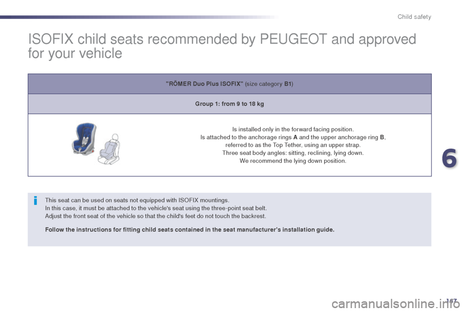 Peugeot 508 RXH 2014  Owners Manual 167
508RXH_en_Chap06_securite-enfants_ed01-2014
ISOFIX child seats recommended by PeugeOt  and approved 
for your vehicle
this seat can be used on seats not equipped with ISOFIX mountings.
In this cas