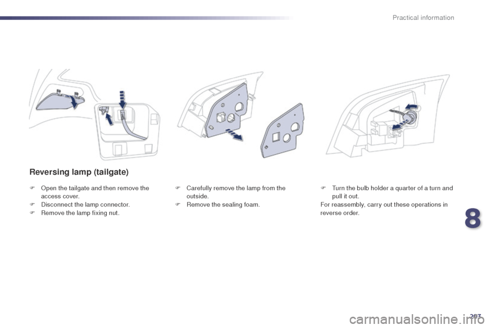 Peugeot 508 RXH 2014  Owners Manual 203
508RXH_en_Chap08_info-pratiques_ed01-2014
Reversing lamp (tailgate)
F Open the tailgate and then remove the access cover.
F
 
D
 isconnect the lamp connector.
F
 
R
 emove the lamp fixing nut. F
 