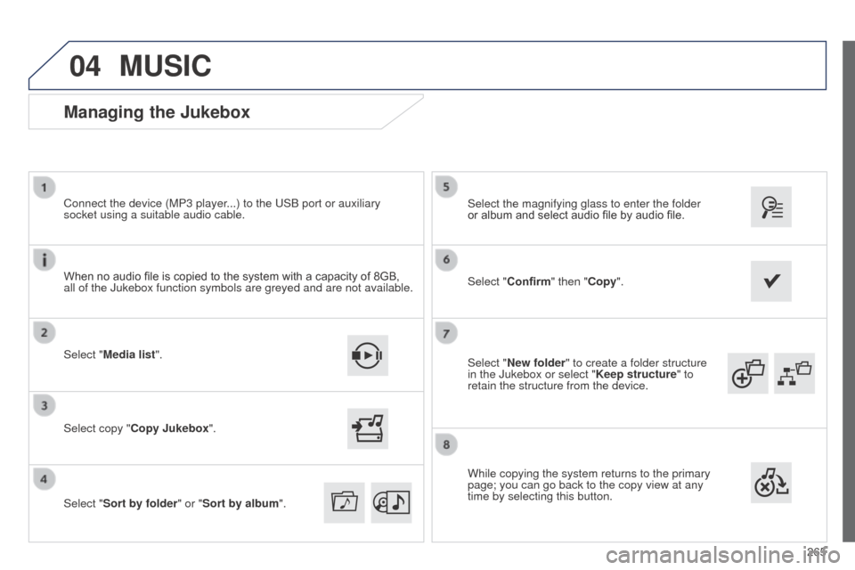 Peugeot 508 RXH 2014  Owners Manual 265
04
508RXH_en_Chap11c_SMegplus-i_ed01-2014
Select "New folder" to create a folder structure 
in the Jukebox or select "Keep structure" to 
retain the structure from the device. Select the magnifyin