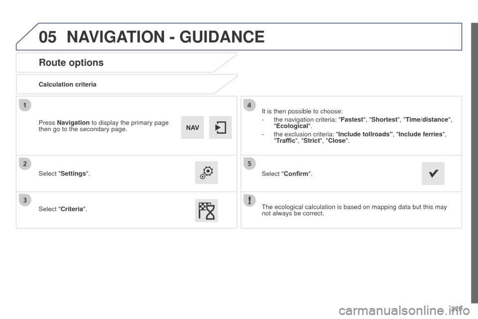 Peugeot 508 RXH 2014  Owners Manual 279
05
508RXH_en_Chap11c_SMegplus-i_ed01-2014
Route options
Calculation criteria
Select "Settings".
Select "Criteria".It is then possible to choose:
-
 
the navigation criteria: "Fastest

", "Shortest