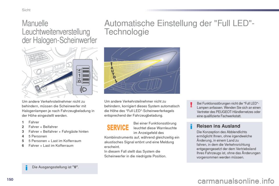 Peugeot 508 RXH 2014  Betriebsanleitung (in German) 150
508RXH_de_Chap05_visibilite_ed01-2014
Manuelle 
Leuchtweitenverstellung 
der Halogen-ScheinwerferAutomatische einstellung der "Full LeD "-
tec

hnologie
um andere Verkehrsteilnehmer nicht zu 
behi