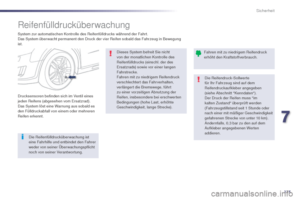 Peugeot 508 RXH 2014  Betriebsanleitung (in German) 175
508RXH_de_Chap07_securite_ed01-2014
Reifenfülldrucküberwachung
System zur automatischen Kontrolle des Reifenfülldrucks während der Fahrt.
Das System über wacht permanent den Druck der vier Re