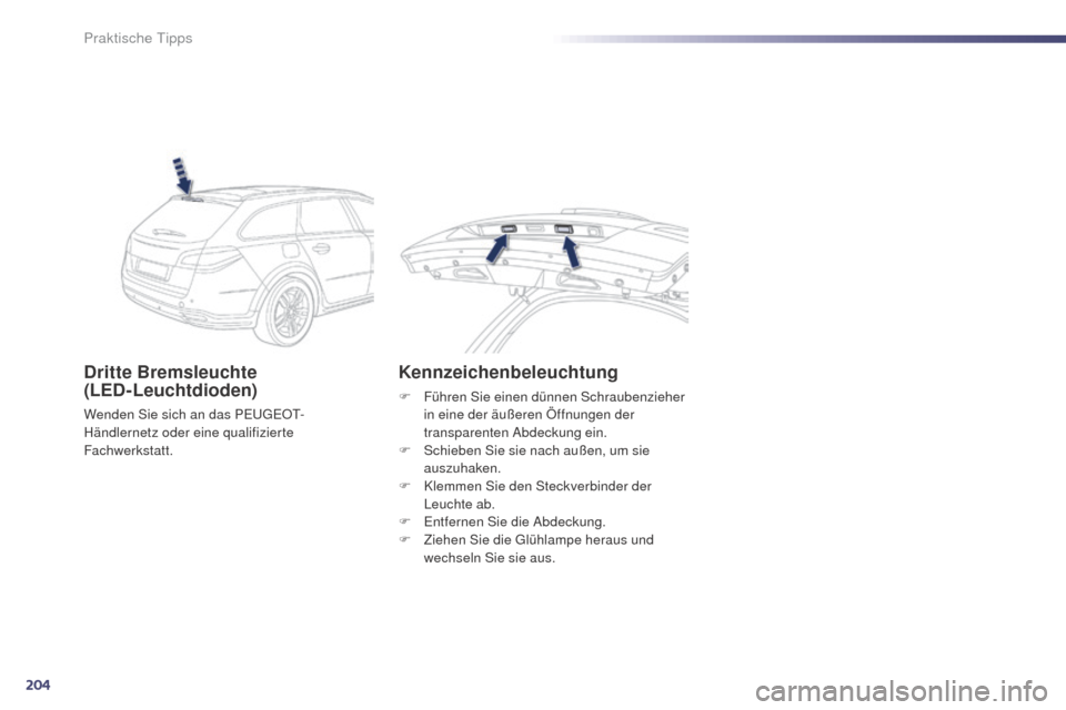 Peugeot 508 RXH 2014  Betriebsanleitung (in German) 204
508RXH_de_Chap08_info-pratiques_ed01-2014
Dritte Bremsleuchte 
(LED-Leuchtdioden)
Wenden Sie sich an das Pe ugeOt-
H ändlernetz oder eine qualifizierte 
Fachwerkstatt.
Kennzeichenbeleuchtung
F F