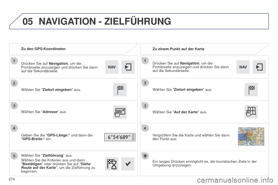 Peugeot 508 RXH 2014  Betriebsanleitung (in German) 05
274
508RXH_de_Chap11c_SMegplus-i_ed01-2014
Zu den GPS-KoordinatenZu einem Punkt auf der Karte
Wählen Sie " Zielort eingeben " aus.
Wählen Sie " Adresse" aus.
g

eben Sie die " GPS-Länge:" und da