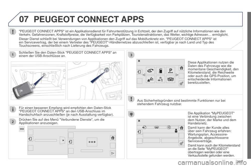 Peugeot 508 RXH 2014  Betriebsanleitung (in German) 07
297
508RXH_de_Chap11c_SMegplus-i_ed01-2014
PEUGEOT CONNECT APPS
Diese Applikationen nutzen die 
Daten des Fahrzeugs wie die 
momentane g eschwindigkeit, den 
Kilometerstand, die Reichweite 
oder au