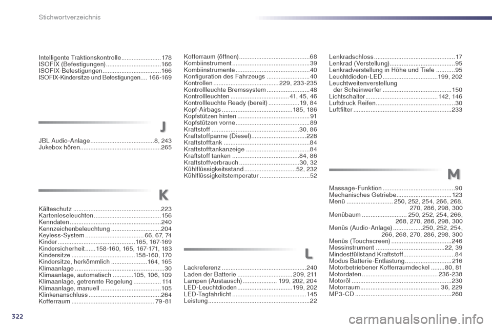 Peugeot 508 RXH 2014  Betriebsanleitung (in German) 322
508RXH_de_Chap13_index-alpha_ed01-2014
Lackreferenz ................................................. 240
Laden der Batterie  ................................ 2 0 9 ,  2 11
Lampen (Austausch)
 ...