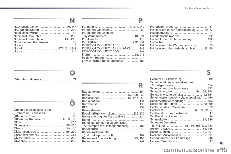Peugeot 508 RXH 2014  Betriebsanleitung (in German) 323
508RXH_de_Chap13_index-alpha_ed01-2014
Nachleuchtfunktion  ..............................14 6, 147
Navigationssystem    ....................................... 279
Nebelscheinwerfer
 

...........