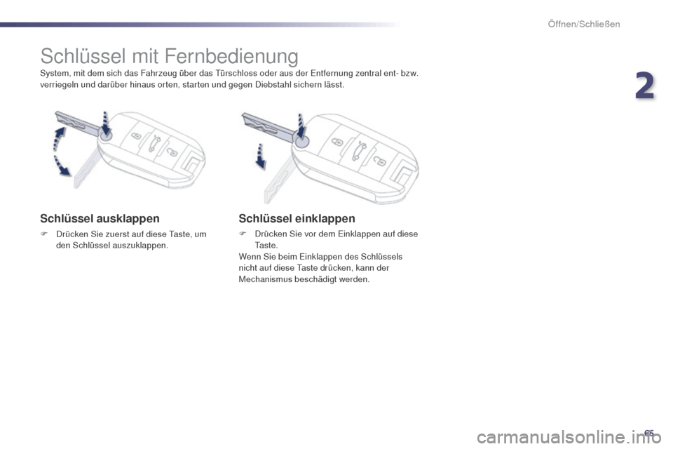 Peugeot 508 RXH 2014  Betriebsanleitung (in German) 65
508RXH_de_Chap02_ouvertures_ed01-2014
System, mit dem sich das Fahrzeug über das türschloss oder aus der  en tfernung zentral ent- bzw. 
verriegeln und darüber hinaus orten, starten und gegen Di