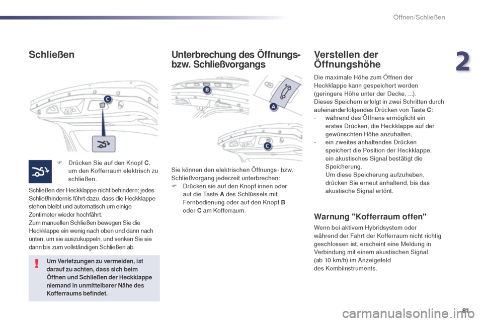 Peugeot 508 RXH 2014 Betriebsanleitung (in German) 81
508RXH_de_Chap02_ouvertures_ed01-2014
Schließen
F Drücken Sie auf den Knopf C,
um den Kofferraum elektrisch zu
schließen.
Schließen der Heckklappe nicht behindern; jedes
Schließhindernis f Peugeot 508 RXH 2014 Betriebsanleitung (in German) 81
508RXH_de_Chap02_ouvertures_ed01-2014
Schließen
F Drücken Sie auf den Knopf C,
um den Kofferraum elektrisch zu
schließen.
Schließen der Heckklappe nicht behindern; jedes
Schließhindernis f